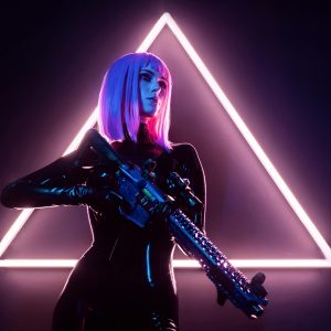 Futuristic Portrayal Of A Woman In Neon Light, Holding A Weapon, Embodying A Cyberpunk Aesthetic.
