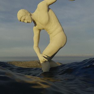 A Greek Discobolus Statue Rising From The Sea Against A Dramatic Sunset Sky.