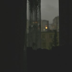 A Moody Cityscape Is Seen Through Delicate Lace Curtains At Dusk, Capturing An Urban Atmosphere.