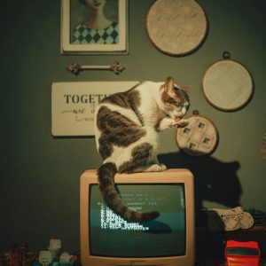A Cat Sitting On A Vintage CRT TV In A Cozy Room With Decorative Wall Art And Soft Lighting.