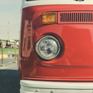 Close Up Of A Classic Red Volkswagen Van Front View In Sharjah, UAE.