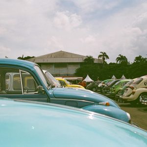 A Vibrant Display Of Classic Volkswagen Beetles Lined Up At An Outdoor Car Show.