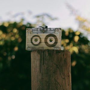 A Vintage Cassette Tape On A Tree Stump Against A Blurred Outdoor Background.