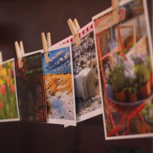 Colorful Photographs And Postcards Clipped With Wooden Pins In A Creative Indoor Arrangement.
