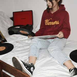 Teen Girl In Hoodie Enjoying Vinyl Records In A Cozy Bedroom. Relaxing And Vintage Vibe.