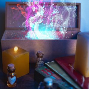 A Magical Scene With A Glowing Box, Colorful Smoke, Candles, And Potion Bottles.