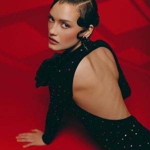 Artistic Pose Of A Woman In Red Themed Fashion Showcasing Elegance.