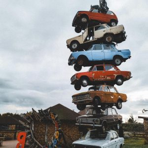 Unique Display Of Vintage Cars Stacked Vertically In Kaliningrad, Russia.