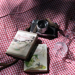 A Vintage Camera And Classic Books Set On A Checkered Picnic Blanket With A Glass In Sunlight.
