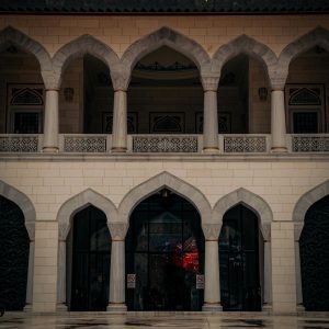 Majestic Mosque Facade Featuring Intricate Arches And A Dome, Captured In Low Light For A Dramatic Effect.