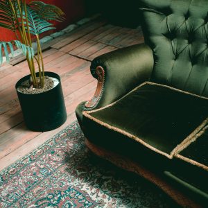 A Cozy Interior Featuring A Green Velvet Sofa, Houseplant, And Classic Rug.