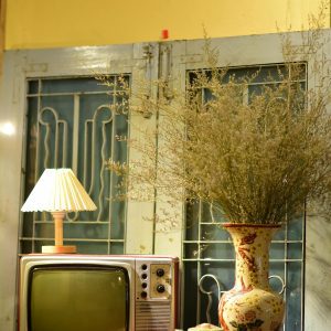Retro Setup Featuring A Vintage TV, Floral Vase, And Soft Lamp Lighting In A Rustic Indoor Setting.