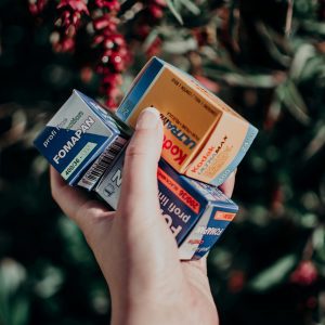 A Person's Hand Holding Various 35mm Film Boxes With A Natural Background Of Leaves And Red Berries.