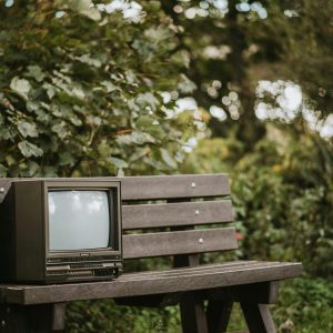 Small Black Television Placed On Bench Near Deciduous Green Plants With Lush Foliage In Countryside On Blurred Background In Nature