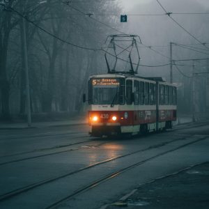 A Nostalgic Tram Rides Through A Foggy City Street Creating An Old World Atmosphere.