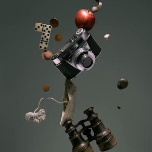 A Creative Arrangement Of Vintage Items Floating Mid Air, Including A Camera, Apple, And Binoculars.